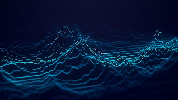 Dynamiczna fala cyfrowych cząstek Połączenie sieciowe Abstrakcyjne niebieskie tło technologiczne Wizualizacja dużych danych Przepływ falowy Rendering 3d
