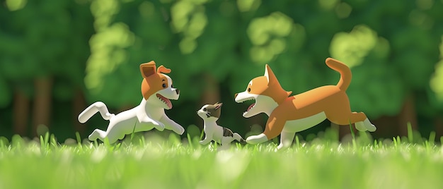 Dynamiczna ilustracja wektorowa 3D psa i kota goniących się w parku zabawna i energiczna