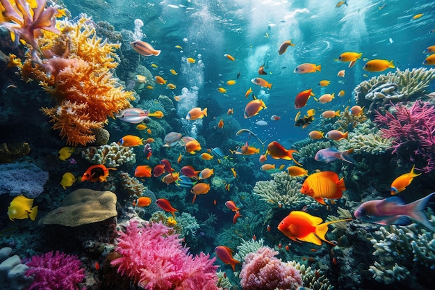 Zdjęcie dynamiczna scena licznych ryb pływających w dużej grupie nad kolorową rafą koralową tętniąca życiem rafa koralowa pełna tropikalnych ryb i życia morskiego