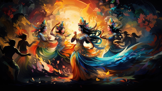 dynamiczna scena przedstawiająca tradycyjny taniec indonezyjski