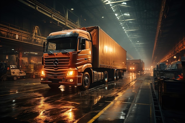 Dynamiczne centrum logistyczne Ciężarówki załadowujące towary przemieszczające się przez magazyny Pracownicy orkestrujący Generowane za pomocą sztucznej inteligencji