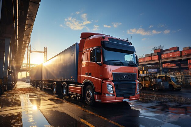 Zdjęcie dynamiczne centrum logistyczne ciężarówki załadowujące towary przemieszczające się przez magazyny pracownicy orkestrujący generowane za pomocą sztucznej inteligencji