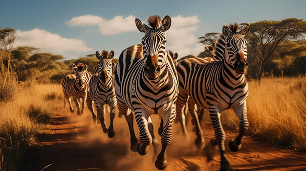 Dynamiczne ujęcie grupy dzikich zebr biegających razem po afrykańskiej sawannie