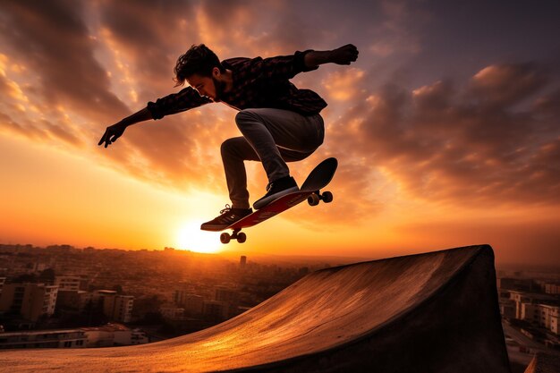 Dynamiczne ujęcie skateboardisty wykonującego sztuczkę w miejskim skateparku o zachodzie słońca
