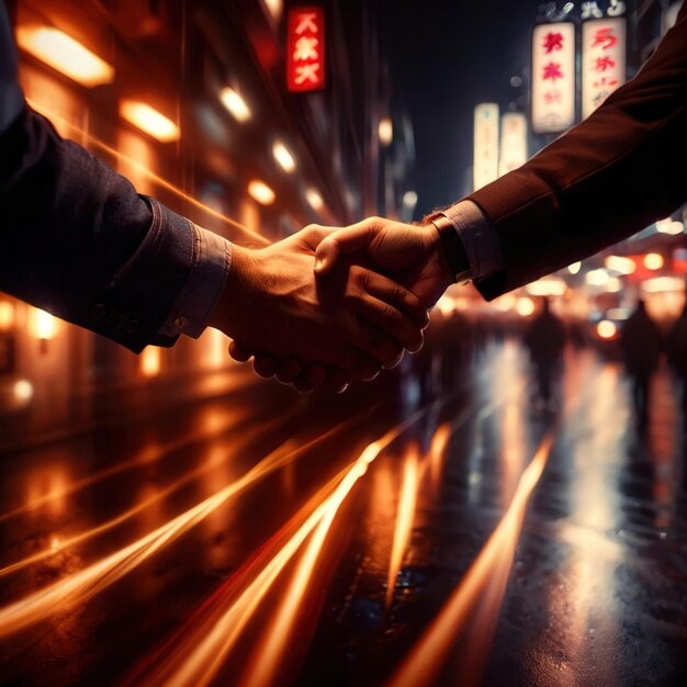 Zdjęcie dynamiczne zdjęcie uścisku ręki, umowy przyjaźni i zaufania z dynamicznymi pasami światła