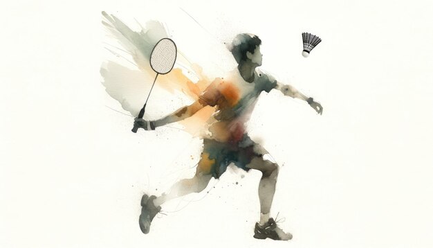 Dynamiczny akwarelowy obraz zawodnika badmintona w akcji z rakietą i wahadłowcem