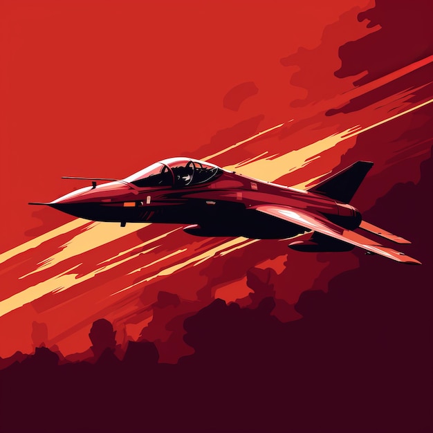 Dynamiczny czerwony myśliwiec sztuka plakatu z bordowym tłem