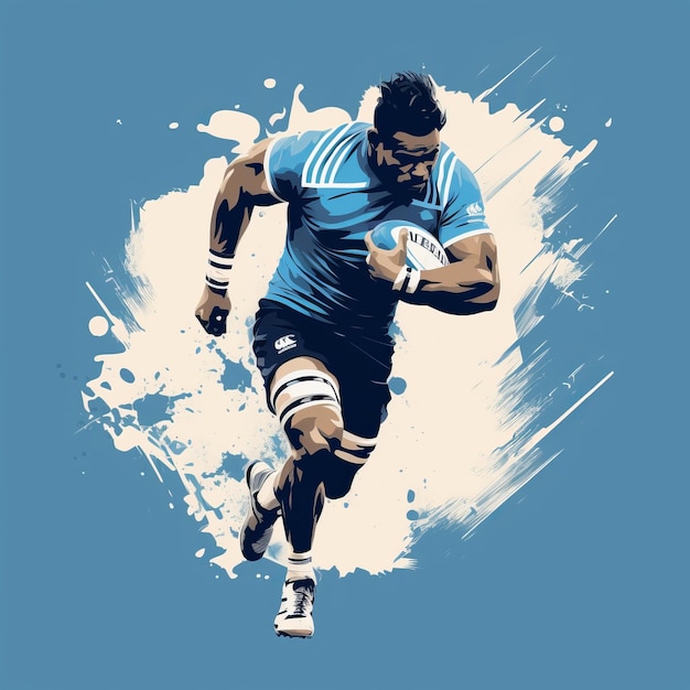 Dynamiczny gracz rugby minimalistyczna ilustracja w akcji na niebieskim tle