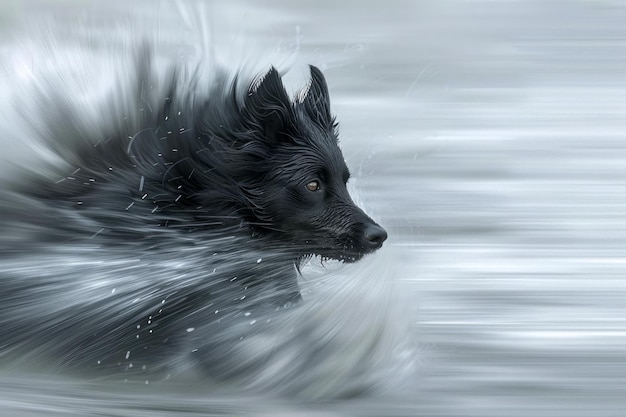 Dynamiczny obraz czarnego wilka biegającego w surrealistycznym krajobrazie sennym