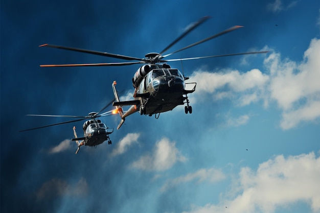 Dynamiczny pokaz lotniczy bliźniacze helikoptery wojskowe malują niebieskie płótno