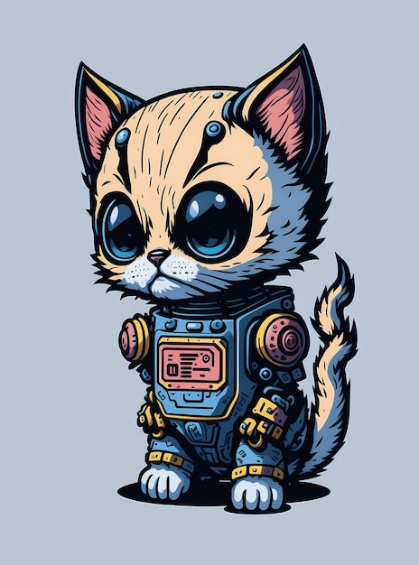 Dynamiczny Robotic Kitten HighDetail StickerStyle T-shirt z grafiką w stylu Kawaii