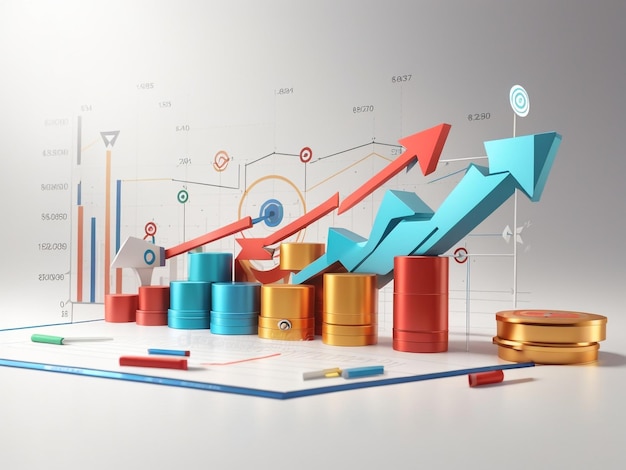 Dynamiczny rosnący wykres słupkowy 3D i wykres liniowy ze strzałkami upartymi trendami