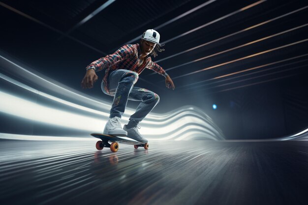 Dynamiczny ujęcie skateboardisty wykonującego sztuczki Generative ai
