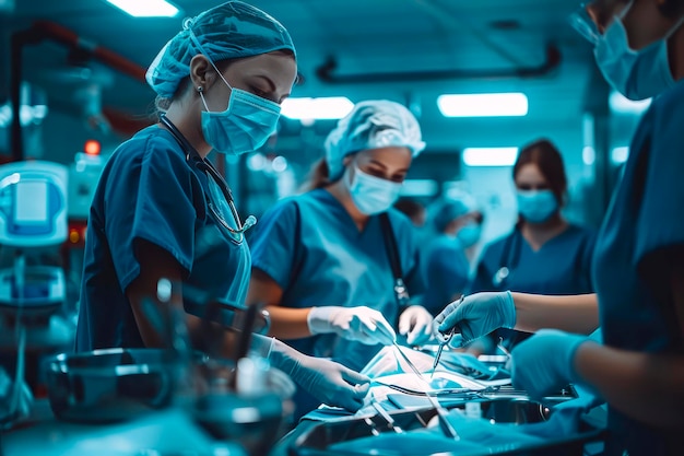 Dynamiczny zespół chirurga i pielęgniarki w akcji wykonujący asystenta chirurgicznego w szpitalu ratunkowym dostarczającego instrumentów