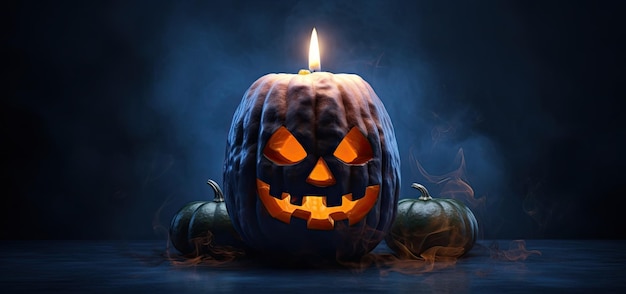 Dynia Halloween Jacko'Lantern ze światłem na czarnym tle Generative AI