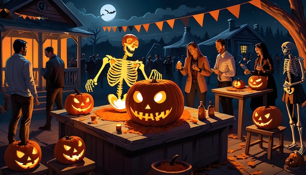 dynia halloween jest na wystawie z człowiekiem w żółtym szkielecie obok dyni