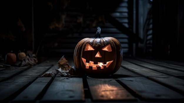 Dynia halloween siedzi na drewnianej podłodze przed ciemnym tłem.