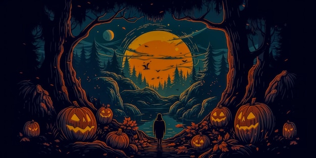 Dynia Halloween w głębokim strasznym lesie