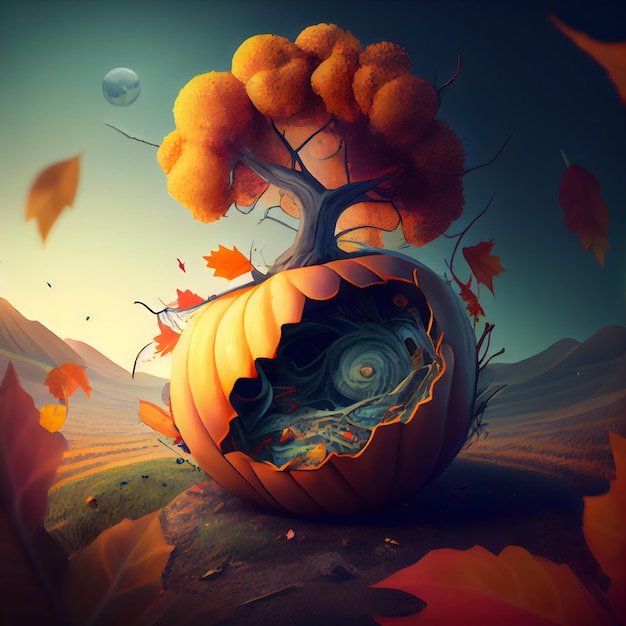 Dynia Halloween w jesiennym lesie ilustracja renderowania 3d