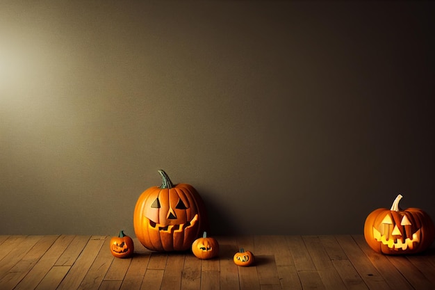 Dynia Halloween z rogami i rzeźbioną twarzą Lampion z dyni na jasnej ścianie