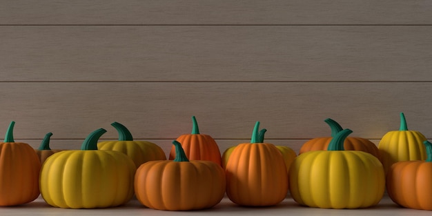 Dynia warzywo owoc żółty pomarańczowy kolor drewniany stół tło tapeta kopia przestrzeń pusty 3d render symbol jesień wiosna sezon szczęśliwy halloween dziękczynienie październik listopad festiwal świętowanie