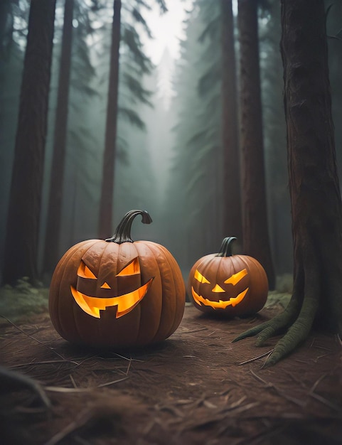 Dynie Halloween i bat w ciemnym lesie w nocy Scena Halloween