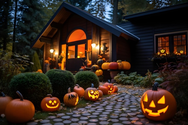 Dynie Halloween i dekoracje na zewnątrz domu Nocny widok na dom z dekoracją halloween