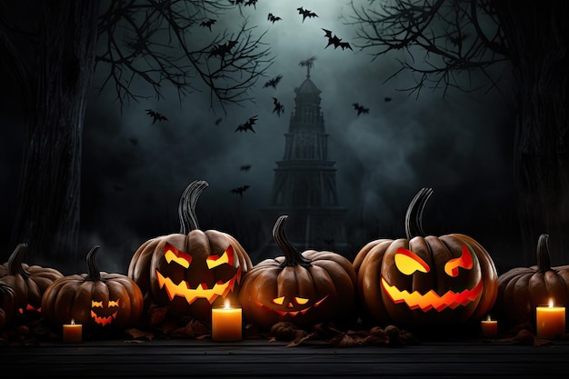Dynie Halloween i nietoperze z latarniami na ciemnym tle
