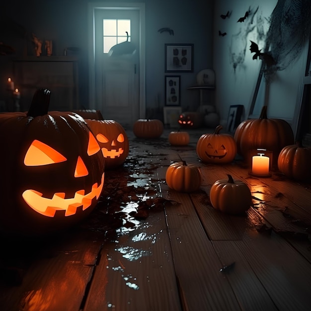 Zdjęcie dynie halloween i świece na podłodze w starym wnętrzu domu halloween w tle