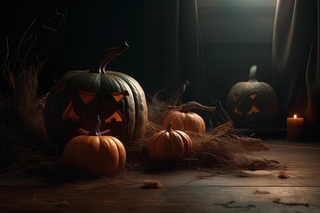 Dynie Halloween i świece w starym wnętrzu domu Tło Halloween