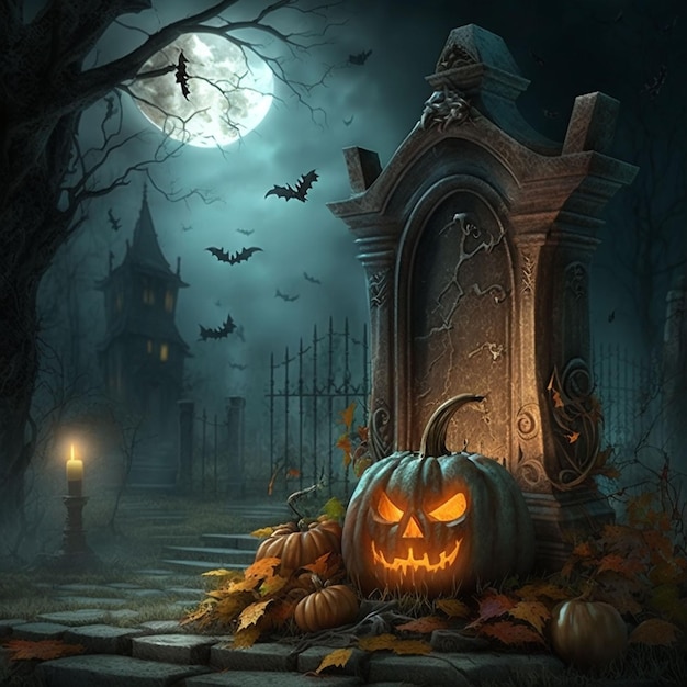 Dynie Halloween na cmentarzu z księżycem w pełni w tle