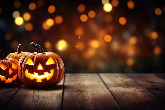 Dynie Halloween na drewnianym stole z bokeh zaświeca tło