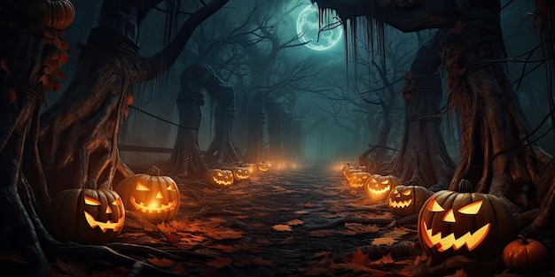 Dynie Halloween na drewnie w strasznym lesie w nocy