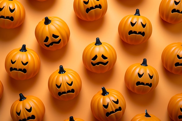 Dynie Halloween plastikowe zabawki na pomarańczowym tle JackOLantern na obchody Halloween Happy Halloween koncepcja Tradycyjne święto października Jesienne tło wakacje lub kartkę z życzeniami