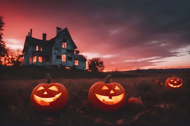 Zdjęcie dynie halloween przed starym domem w nocy