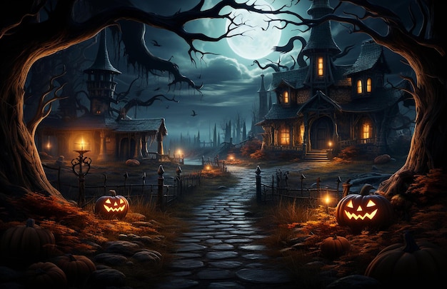 Dynie Halloween w ciemnym lesie z ciemnym zamkiem w tle