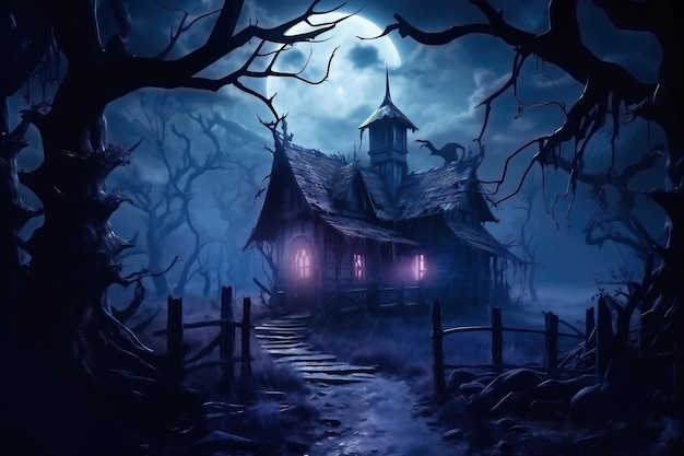 Dynie Halloween w pobliżu drzewa na cmentarzu z przerażającym domem Halloween tła w nocy las z księżyca i nietoperzy