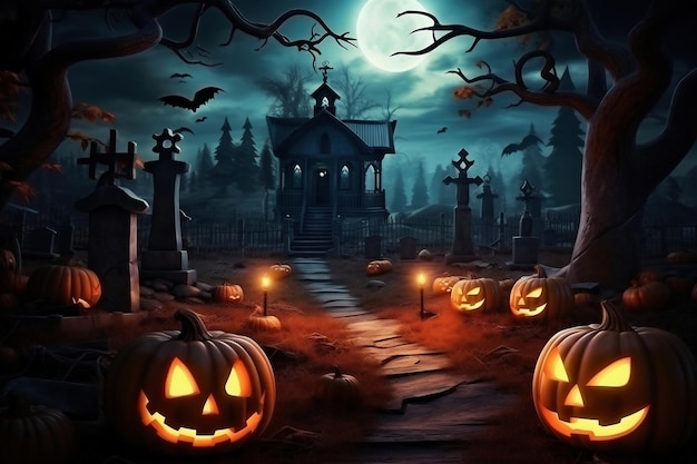 Dynie Halloween w pobliżu drzewa na cmentarzu z przerażającym domem Halloween tła w nocy las z księżyca i nietoperzy