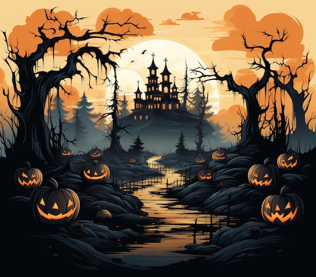 Dynie Halloween w upiornym lesie z zamkiem w tle generatywna ai