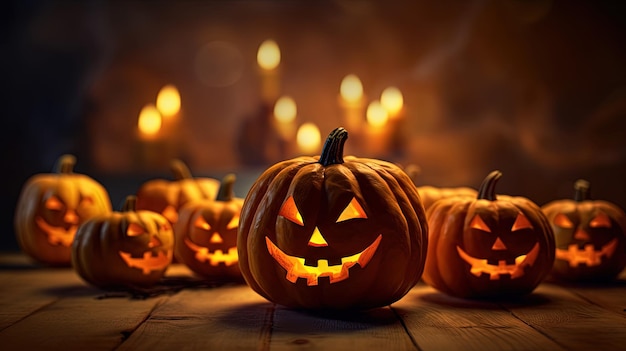 Dynie Halloween wiosłują na drewnianej podłodze Jack O Lantern parada na święta Halloween Wygenerowana sztuczna inteligencja