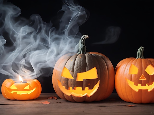 Dynie Halloween z dymem na czarnym tle Jack O Lantern zła twarz i oczy drewniany stół