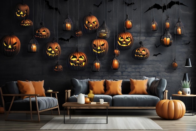 dynie halloweenowe wiszące na ścianie, a nad nimi wiszą nietoperze.