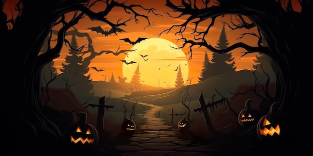 Dynie i nietoperze generatywnej sztucznej inteligencji Halloween Fullmoon Banner