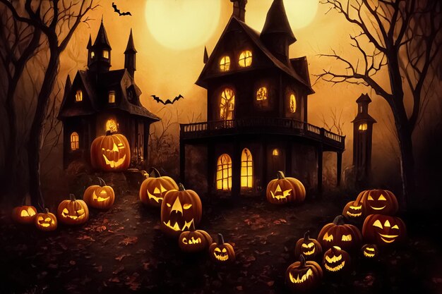 Dynie Jack O' Lanterns świecące w upiorną tajemniczą noc Halloween Cyfrowa ilustracja 3D