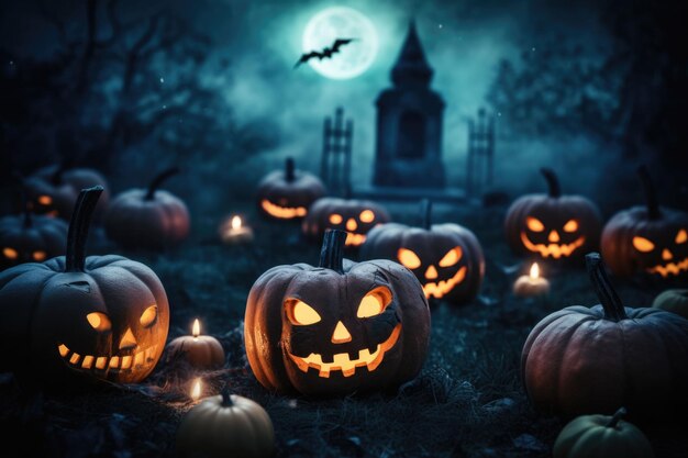 Dynie na cmentarzu w upiorną noc Halloween Jack O Lantern ze złą twarzą generowaną przez AI