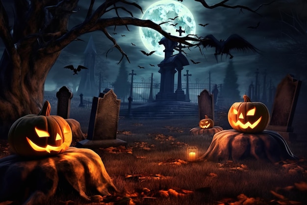 Dynie na cmentarzu w upiornej nocy Halloween w tle