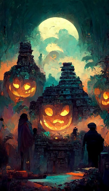 Dynie w stylu Majów w stylu halloween dynie duchy w ciemnej nocy ilustracja 3D