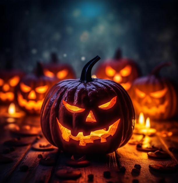 Dyniowy plakat Happy Halloween z upiorną twarzą na fantastycznym tle