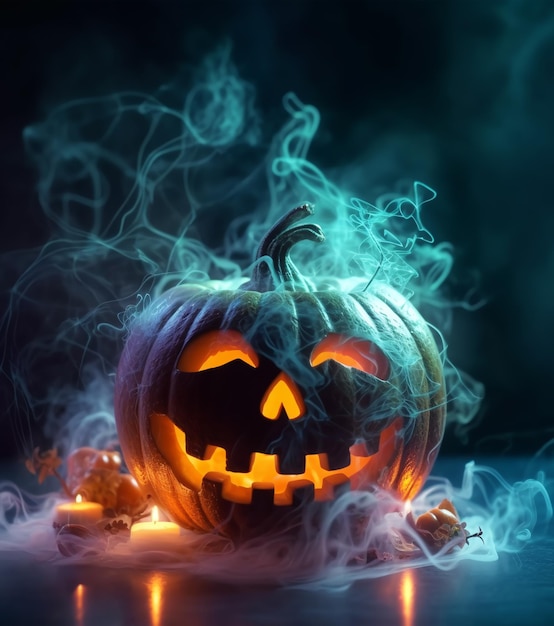 Dyniowy plakat Happy Halloween z upiorną twarzą na fantastycznym tle