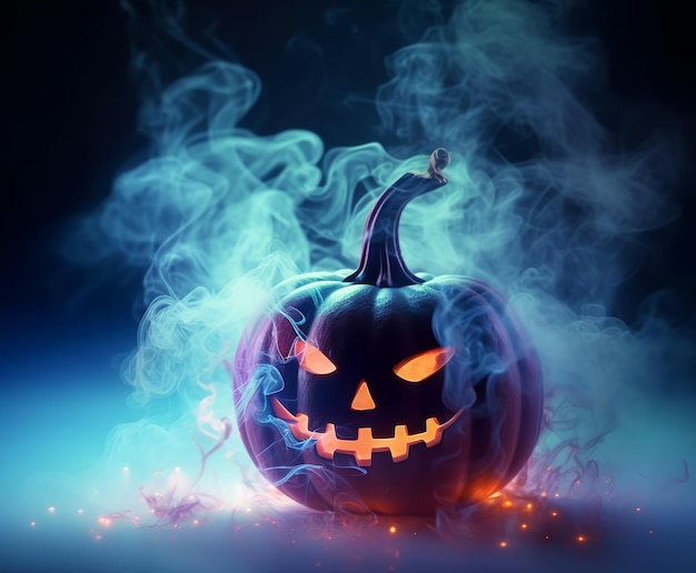 Dyniowy plakat Happy Halloween z upiorną twarzą na fantastycznym tle